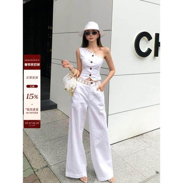 (免運)李婉君白色老錢風套裝設計感花邊斜肩馬甲上衣女夏季寬松休閑褲