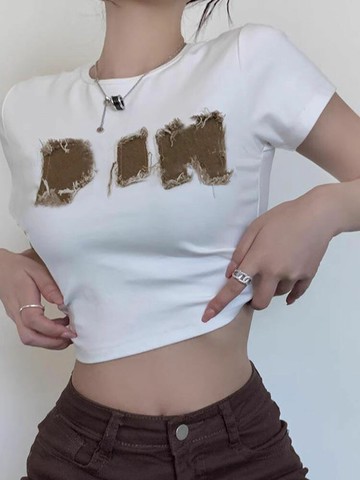 夏季設計感小眾別致牛仔拼接短袖t恤女純欲辣妹性感高腰短款上衣