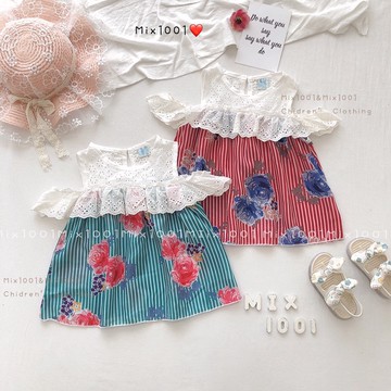 🌻🌺✨彩繪直條印花系上衣✨兒童拼接緹花露肩上衣5-17