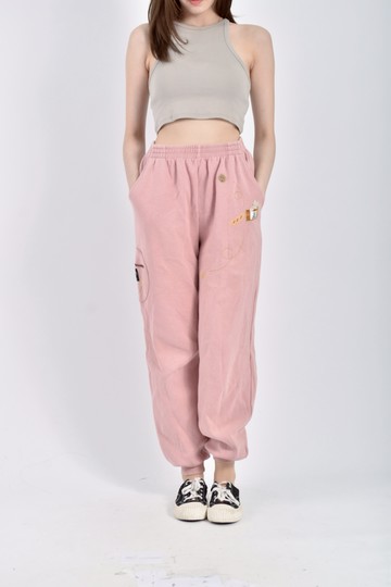 加購優惠(2XL) 高腰鬆緊腰刺繡粉色長褲