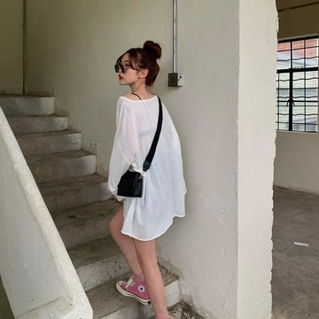 防曬衣女學生韓版寬鬆夏季網紅冰絲鏤空中長款白色長袖t恤上衣ins