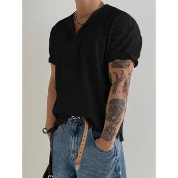 美式亨利領t恤男短袖2025初夏肌肉男風格輕薄透氣百搭黑色體恤衫