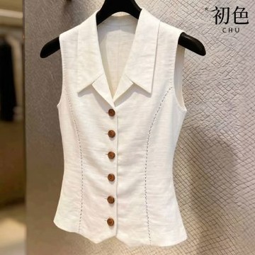 初色 法式小香風純色翻領無袖修身單排釦馬甲背心女背心-白色-53718(M-XL可選)