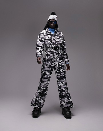 Topshop Sno ski suit with funnel neck & belt in camo print-Black