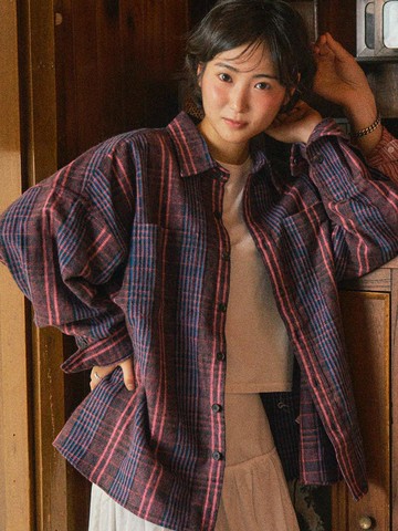 Lava Flow Fluff Cotton Check Oversized Shirt [PINK] (S162)