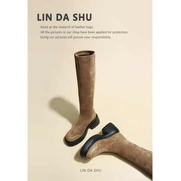 【林大叔】厚底高跟長筒靴女2025新款絨面彈力顯瘦高筒長靴奶茶色