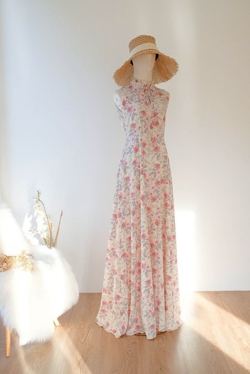 米杏色長洋裝 印花 無袖 洋裝 婚禮洋裝 復古風