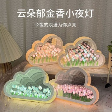 台灣出貨👑 雲朵鬱金香小夜燈 花海氛圍燈 鏡子 桌面擺件 鏡面小夜燈 鬱金香DIY鏡子 鏡子燈 夜燈 創意禮品 禮物