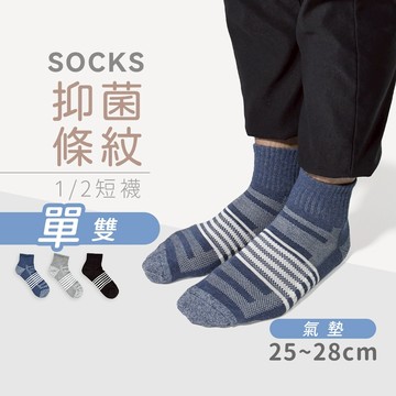 【MORINO】MIT抑菌防臭條紋氣墊1/2短襪 L25~28cm MO33004-2 (氣墊襪/學生襪/男襪/中性襪)