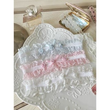 roji手工日系甜美彈力腿環襪帶lolita少女軟妹白色蝴蝶結蕾絲襪圈