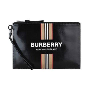 BURBERRY 巴寶莉 白字LOGO滑面帆布條紋設計拉鍊手拿包(黑)
