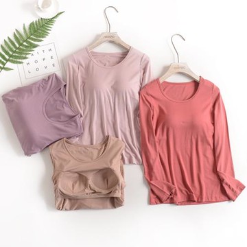 莫代爾帶胸墊長袖T恤免文胸罩杯一體打底衫家居服睡衣上衣女春秋