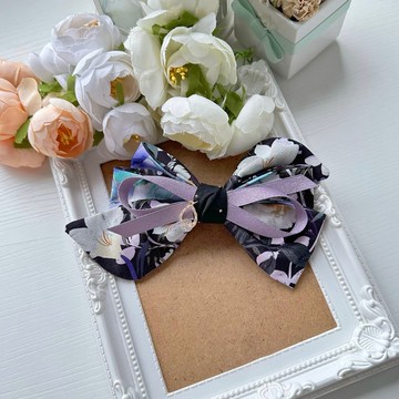 彈夾-拼接棉布蕾絲蝴蝶結自動夾髮夾髮飾頭飾-黑底紫白花
