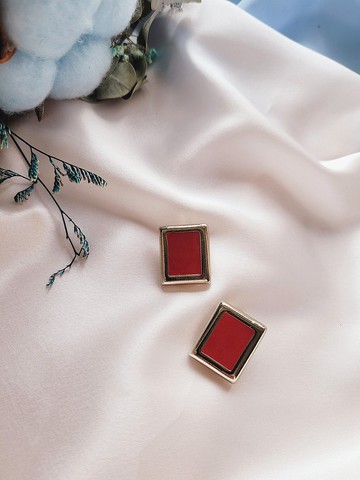 美國西洋古董飾品 / 紅琺瑯幾何普普風復古夾式耳環 古著首飾