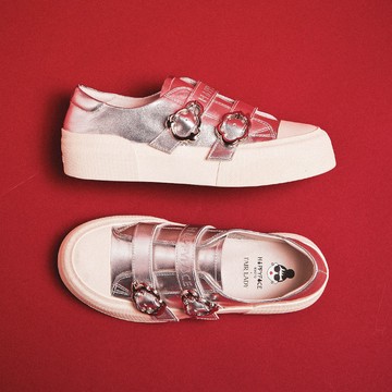 【日本京都聯名】HAPPYFACE 馬卡龍色系雙帶厚底休閒鞋 銀箔 (5G2955)