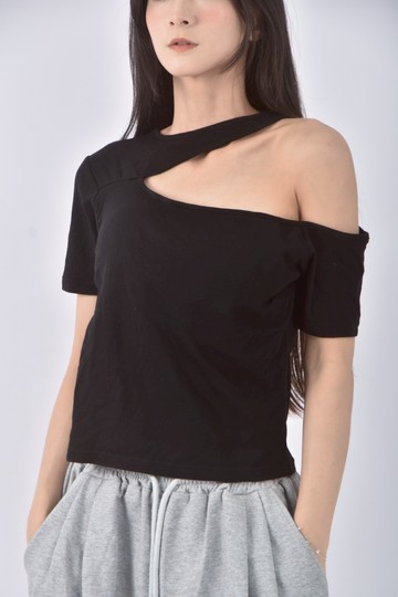 (S) 質感掛脖黑色短袖上衣