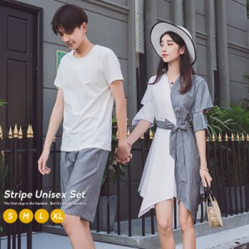 リンクコーデ カップル お揃い 服 ペアルック 春 夏 シャツ ワンピース カシュクール ウエストリボン ストライプ tシャツ ハーフパンツ 通販 LINEポイント最大1.0%GET LINEショッピング お揃いリボン