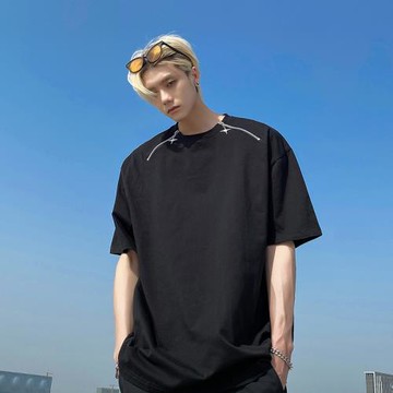 美式230克重磅純棉t恤男夏季設計感小眾十字星拉鏈短袖潮牌潮流7