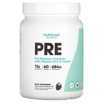 Nutricost, 女性專用，含維生素 B12 和葉酸的鍛鍊前複合物，藍樹莓味，1.5 磅（684 克）