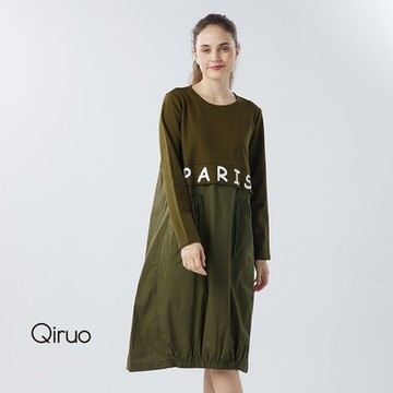 【Qiruo 奇若】秋冬專櫃橄欖色長袖洋裝6015F 兩件式設計