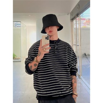 OXFREAK「撞色夾心設計」500g重磅黑白條紋衛衣男短款寬松情侶裝