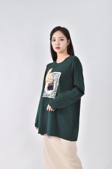 (L) keraia秋冬羊毛針織印花綠色長袖上衣