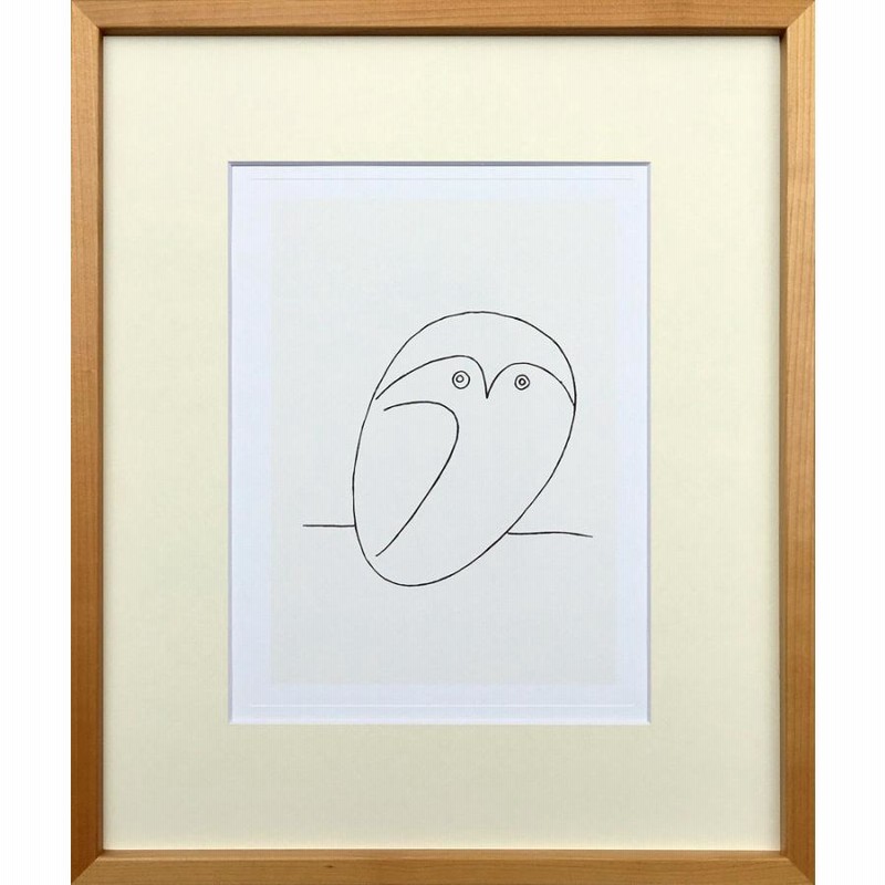 パブロ・ピカソ、椅子にとまる梟、オーカー色の背景、画集画額付 パブロ・ピカソ、椅子にとまる梟、オーカー色の背景、画集画額付