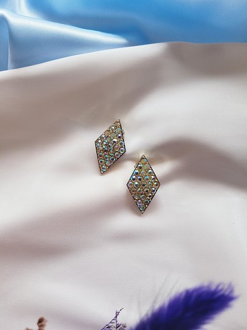美國西洋古董飾品 / EMMONS菱形摩登奧地利萊茵石華麗夾式耳環