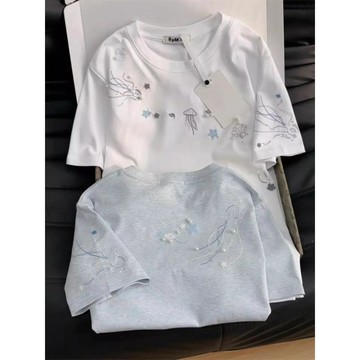 臺灣出貨🎊【釘珠】美式復古水母刺繡釘珠短袖t恤女夏季寬鬆顯瘦設計感上衣大減價🎁