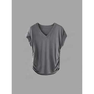 (免運)大洪官方嚴選店瘦瘦T夏新款小V領休閑短袖飛袖抽褶T恤女體恤上衣