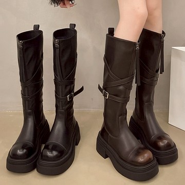 【白鳥麗子】【35-43全尺碼】馬靴 皮革拼接交叉釦環拉鍊造型厚底長靴 店長推薦