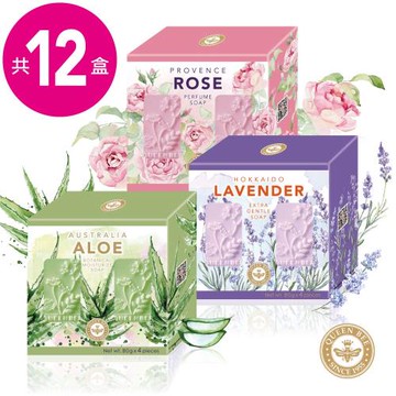 【蜂王Queen Bee】純萃潔淨寵愛潤膚組80gX4入 共12盒(淨透薰衣草.光采玫瑰.水潤蘆薈) 贈:SPA沐浴海綿皂袋