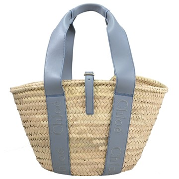 CHLOE Sense 電繡LOGO皮邊肩背草編托特包.藍邊
