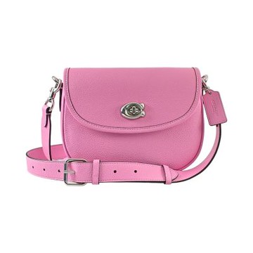 COACH WILLOW鮮粉色荔枝紋皮革銀色C字金屬旋扣翻蓋斜背馬鞍包