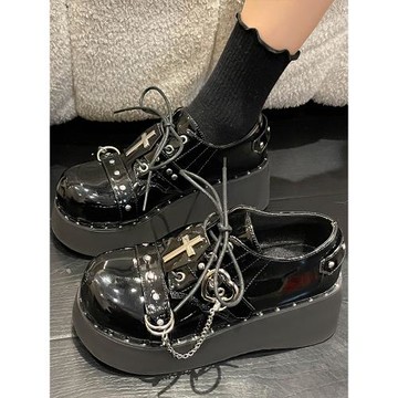 英倫風小皮鞋女夏季2025新款黑色百搭辣妹厚底鞋lolita圓頭松糕鞋