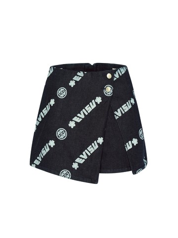 Allover Logo Print Blocking Denim Skort