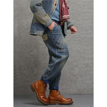 西里布重磅藍染刺子拼接休閑長褲小腳褲日式咔嘰復古水洗做舊新品