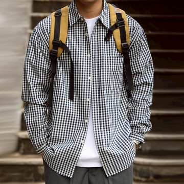 Wuluwear 美式休閒175g薄款格子襯衫男寬鬆牛津紡復古長袖疊穿襯衫