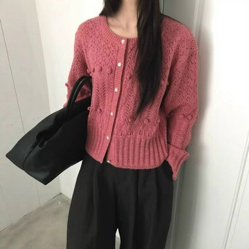 韓版簡約風鏤空設計感針織開衫毛衣女秋冬新款手工球球百搭女上衣 鑫弘-素時衣櫥