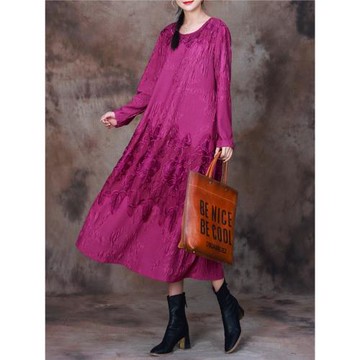 洛云謠秋冬新款寬松大碼泡泡棉刺繡連衣裙寬松V領氣質系帶長裙