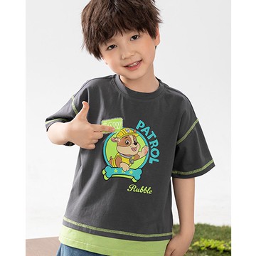 人氣卡通 - 卡通汪汪隊下擺拼接假短袖上衣-卡通人物小礫-灰色