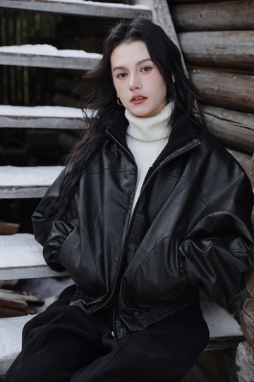 油蠟黑色 Jazz Club機車風環保PU羊羔毛加厚外套 設計感皮衣夾克