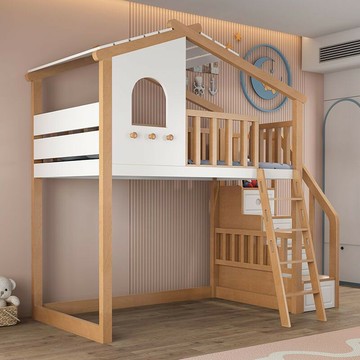 免運公司貨 樹屋床 兒童床 榉木树屋床 儿童床 实木上下床 带滑梯高低双层床 男孩女孩子母床 定制 可開發票 全館五折 工廠現貨直銷 新品特價 z11012