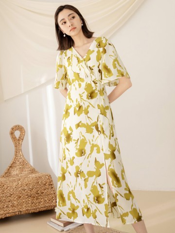 V領印花收腰傘袖開衩長洋裝