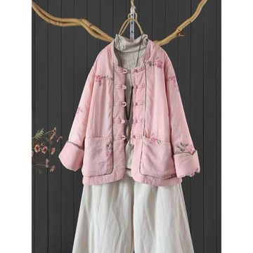 新中式復古苧麻棉衣外套女2024冬國風禪意對襟盤扣加厚夾棉服棉襖