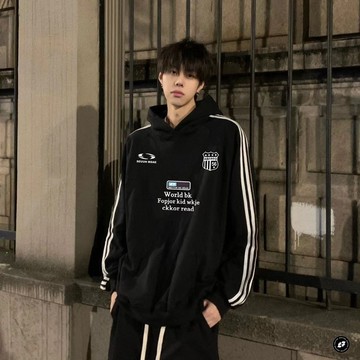 美式hiphop復古三條槓連帽衛衣男女加絨秋冬帶帽寬鬆痞帥潮流外套連帽衛衣男帽t男男生外套衛衣男大尺碼外套連帽外套男