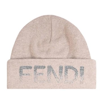 FENDI FXQ334 刷淡銀蔥LOGO羊毛混紡保暖毛帽.淺褐色