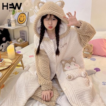 可愛公主風甜美睡衣女加絨加厚冬季法蘭絨保暖長款睡袍套裝家居服