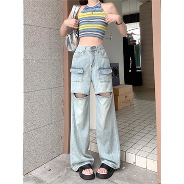 美式復古破洞高腰直筒寬松女士牛仔褲子夏季薄款工裝闊腿拖地長褲