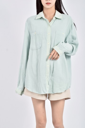 (M) 拼色排扣口袋綠色襯衫上衣